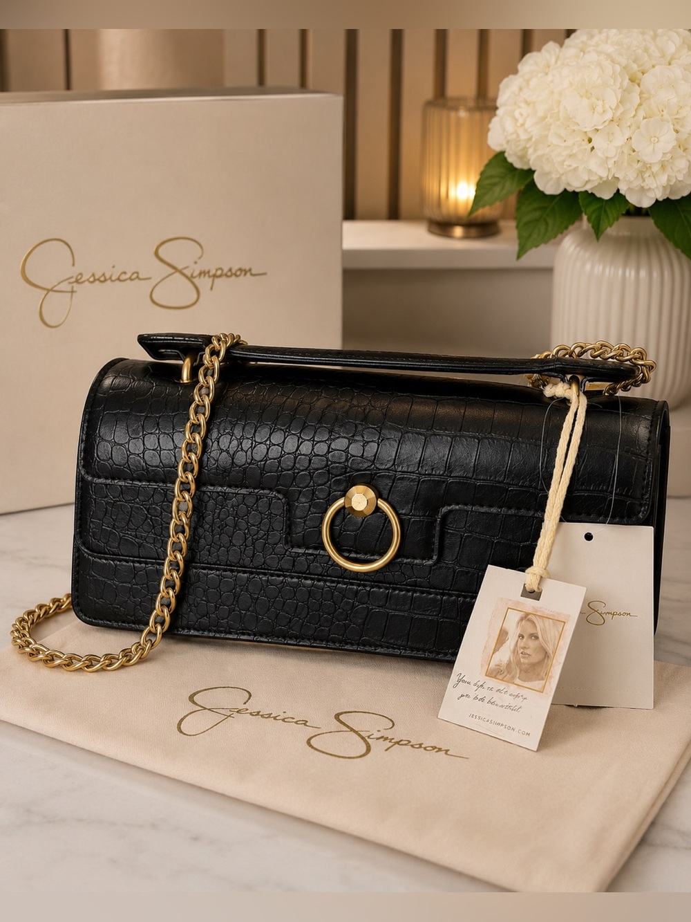 Jessica Simpson Black Croc-Embossed Shoulder Bag with Gold Ring Accent- NWT